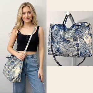 Vintage Denim Acid Washed Large Rommy Shoulder Bag Crossbody Bag.
